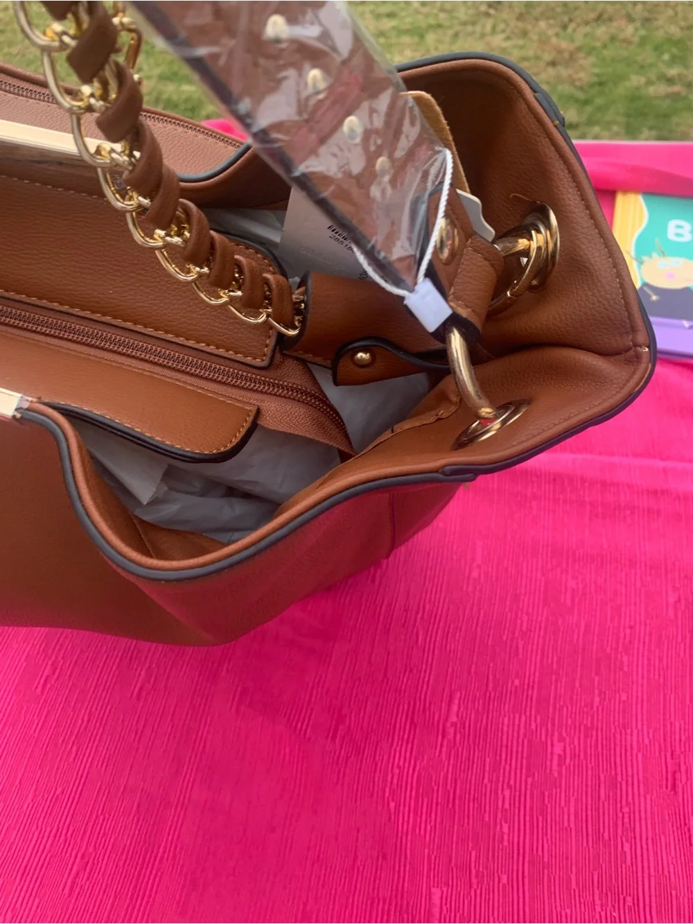 Vegan Brown Women's Tote Bag with Gold Chain Accents
